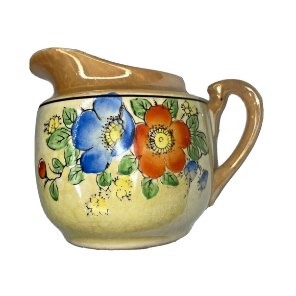 lustre ware vintage creamer beige peach with blue and red painted flowers - Picture 1 of 10